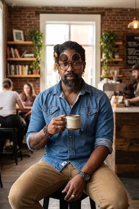 Portrait of Tino Noir holding a coffee mug